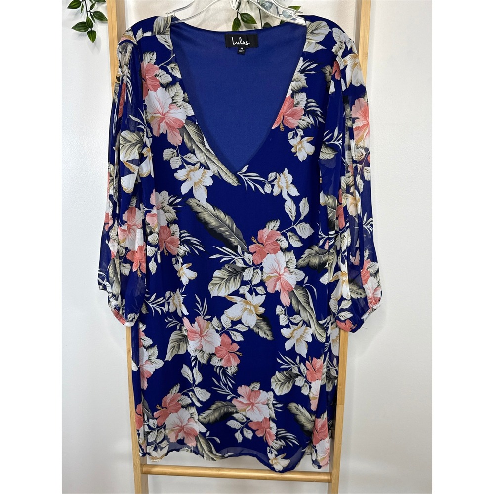 Lulus Blue Tropical Floral Split Sleeve V-Neck Shift Dress Medium Hibiscus Print